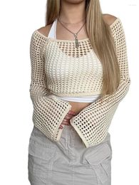 Women's Sweaters Fishnet Crochet Crop Top Solid Color Long Sleeve Sheer Hollow Out Mesh Summer Bikini Cover-Up