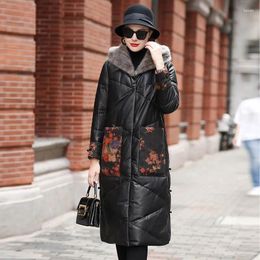 Women's Leather Puffer Mid-long Jacket Women 2023 Fashion Sheepskin Coat Genuine Down Jackets Clothing Chaqueta Mujer