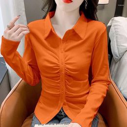 Women's Blouses Fashion Lapel Solid Color Button Folds Shirts Clothing 2023 Autumn Winter Loose Elegant Tops Office Lady