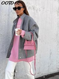 Women's Wool Blends Woollen Jacket Women Autumn Grey Stand Collar Covered Button Female Coat Fashion Casual All Match Pocket Lady Outwear 2023 230928