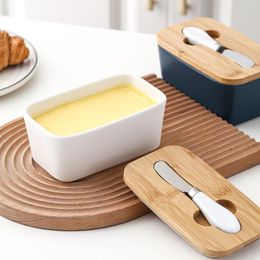 Plates Nordic Brief Butter Box Sealing Wood Lid Knife Dish Ceramic Keeper Tool Cheese Storage Tray Plate Container Kitchen