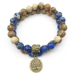 SN1281 Trendy Designer Buddha Head Bracelet Set Picture Jasper Dark Blue Regalite Bracelet Tree of Life Natural Stone Jewelry2418