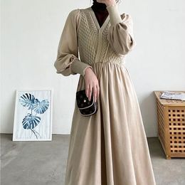 Casual Dresses 2023 Women Autumn Winter French V-neck Knitted Dress Female Stitching A-line Vestidos Ladies Long Sleeve Loose B119