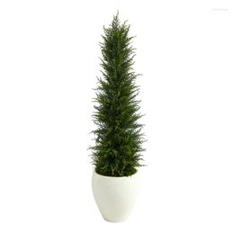 Decorative Flowers Cypress Artificial Tree In White Planter UV Resistant (Indoor/Outdoor)