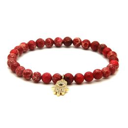 Whole Womens Jewellery 6mm Red Sea Sediment Imperial Stone Beads with Micro Inlay Zircons Fatima Hand Hamsa Bracelets296a