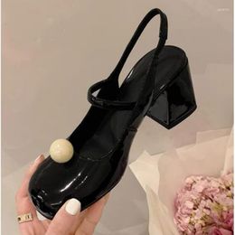 Dress Shoes Women's Chunky Heels 2023 Spring Pearl Square Toe Women Mary Jane Fashion Party Heeled Black Pumps