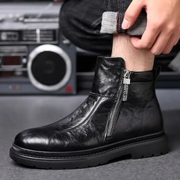 Boots Man Black Chelsea Fur Warm Male Casual Genuine Leather Shoes Designer Dress Boot Side Zipper Elegant Business Footwear 230928