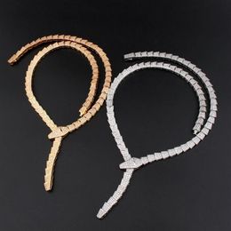 Europe America Designer Fashion Lady Women Brass 18K Gold Plated Setting Full Diamond Snake Shape Wide Chain Dinner Necklaces Snak2759