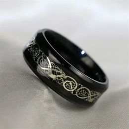 Couple Ring - Men's 8mm Dragon Titanium Steel Ring and Women's 10kt Black Gold Fill Black Diamond Gemstone Ring Bridal W259C