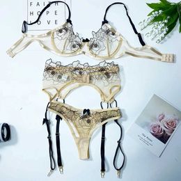 Sexy Set Lingerie Sexy Transparent Bra Underwire Sheer Hot Porn Erotic Costumes Bowknot Floral Embroidery Garters Exotic Sets 230808