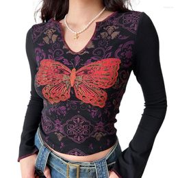 Women's T Shirts 2000s Retro Aesthetic Grunge Crop Tops Y2K Butterfly Print Top 90's Vintage Graphic Women V-neck Collar Long Sleeve Tees