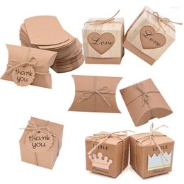 Gift Wrap 10Pcs Kraft Paper Candy Boxes Pillow/Square Box For Baby Shower Birthday Decoration Rustic Wedding Favor Packaging Supplies