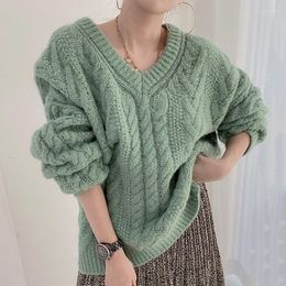 Women's Sweaters V Neck Green Grey Knitwear 2023 Cute Korean Jumpers Thick Knitted Loose Tops Winter Warm Solid Pollover Autumn Sweater