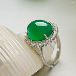 Cluster Rings Silver S925 Natural Jade Green Chalcedony Gemstone Jewellery Oval Women 925 Emerald Bizuteria Box
