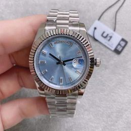 U1 ST9 Steel Watches 40MM Diamond Set Blue Dial Bezel Ice Automatic Mechanical Movement Sapphire Glass President Stainless Mens Wr189I