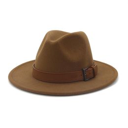 High Quality Men Women Fedora Panama Wool Felt Hat with Brown Belt Buckle Large Brim Jazz Trilby Cap Party Wedding Hat295Q