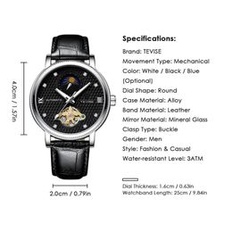 2021 TEVISE Mens Watches Moon phase Tourbillon Watch Casual Leather Sport Wristwatch Male Clock Relogio Masculino198O
