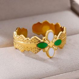 Wedding Rings Vintage Enamel Four Clover For Women Gold Color Stainless Steel Adjustable Ring Aesthetic Luxury Couple Jewelry