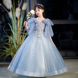 Shiny Blue Flower Girl Childrens Princess Ball Gown Wedding Party Bling White First Holy Communion Dress Lilttle Kids Birthday Pageant Weddding Gowns 403