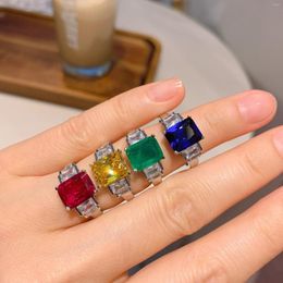 Cluster Rings Charms Square Ruby Sapphire High Carbon Diamond Couple 2023 Trend Women's Jewelry Give Girlfriend Gift Proposal Birthday