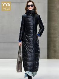 Women's Leather Faux Runway Women Brand Max Long Genuine Down Jacket Thick Warm Elegant Ladies Winter Overcoat Black Jackets 230928
