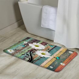 Bath Mats Farmhouse Floral Flower Mat Teal Dahlia On Rustic Wooden Plank Turquoise Blue Non-Slip Flannel Soft Doormat Floor