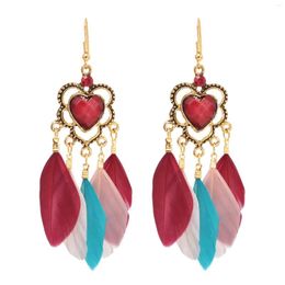 Dangle Earrings Boho Heart Acrylic Gem Long Feather Drop For Women Retro Ethnic Tribal Hippie Bride Wedding Jewellery Accessories