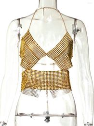 Women's Tanks 2023 European Cut Off Sexy Mesh Rhinestone Camisole For Women Backless Halter Vest Dance Performance Breast Body Chain Jewellery