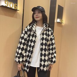 Women's Fur Korean Women Loose Casual Faux Lamb Coat 2023 Autumn Winter Stand Collar Long Sleeve Plaid Warm Plush Outerwear