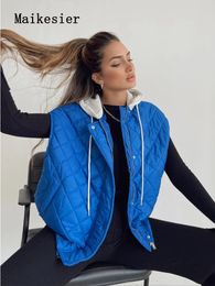 Womens Vests Fashion Sleeveless Jackets Single Breasted Zip Women Vest Blue Green Loose Streetwear Hooded Quilted for Top 230928