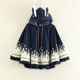 Women's Jackets Japan Style Ears Hooded Cloak Coat Printed Women Tops Loose Wide Short Cape Preppy Jacket Lolita Jaqueta