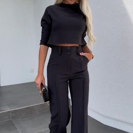 Women's Two Piece Pants Women Solid Fashion Business Daily Suits Commuter Lady Temperament Half Sleeve Leaky Umbilical Top High Waist Wide
