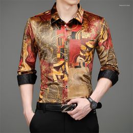 Men's Casual Shirts Retro Luxury Velour Big Size Blouse Gold Stylish Mens Vintage With Print Warm Winter Clothing Velvet Dress