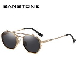 Sunglasses BANSTONE Vintage SteamPunk Style Tint Ocean Lens Metal Flip Up Clamshell Brand Design Sun Glasses313l