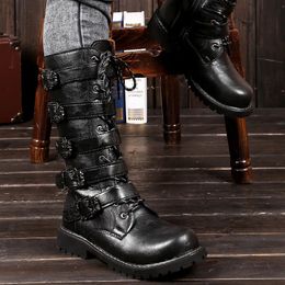 Boots Large SizeMen's Leather Motorcycle Boots Mid-calf Military Combat Boots Gothic Belt Punk Boots Men Shoes Tactical Army Boot 230928
