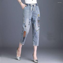 Women's Jeans 2023 Woman Ripped Trousers Female Stretch Cartoon Pants Legging Ladies Thin Straight-leg Denim Trouser G18