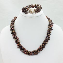 Choker Its Gorgeous Classic Brown 3 Strand Baroque Freshwater Pearl Necklace And Bracelet Set 19 Inches