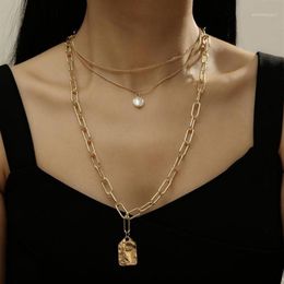 Chokers Punk Multi Layer Imitation Pearl Choker Necklace Collar Statement Square Head Portrait Relief Pendant Women Jewelry1254z