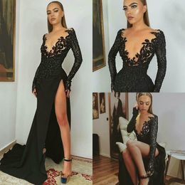 2023 Black Evening Dresses Sheer Jewel Neck Beaded Lace Long Sleeve Mermaid Prom Dress Sweep Train Custom Made High Split Robes De Soiree