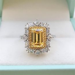Cluster Rings 100% 925 Sterling 6 9MM Silver Emerald Cut Citrine Created Gemstone For Women Wedding Bands Engagement Ring245y