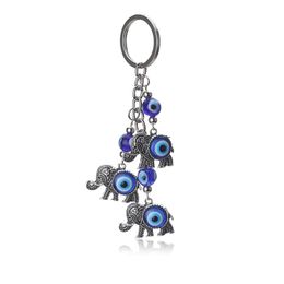 1pc Blue Evil Eye Charms Keychain Elephant Pendent Key Chain Alloy Tassel Car Key Chain Fashion Jewelry Gifts316L