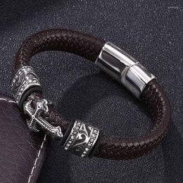 Charm Bracelets Fashion Cross Bracelet Men Jewellery Brown Braided Leather Handmade Stainless Steel Magnetic Clasps Punk Wristband FR0109