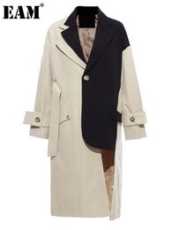 Womens Trench Coats EAM Women Khaki Big Size Asymmetrical Lapel Long Sleeve Loose Fit Windbreaker Fashion Spring Autumn 1K912 230928
