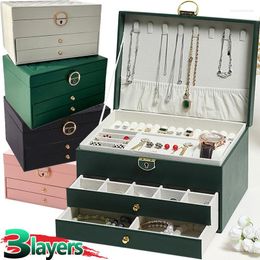 Jewelry Pouches Luxury Leather Three-layer Storage Box With Drawer Lock Velvet Display Pallet Women Earrings Necklaces Cabinet