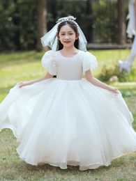 Cute white Lace Flower Girl Dress Bows pink Children First Communion Dress Princess Formal Tulle Ball Gown Wedding Party Dress White birthday special party Dress