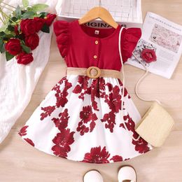 Girl Dresses Kids Casual Dress For Girls Summer 2023 Toddler Short Sleeve Floral Print Princess A-line Belt Children Clothing 1-8Y