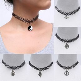 Handmade Selling Vintage Stretch Tattoo Choker Necklace Gothic Punk Grunge Henna Elastic with Pendant Necklaces261S