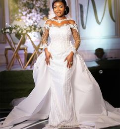 Oct Arabic 2023 ASO EBI Plus Size White Mermaid Wedding Dress Lace Pärlade paljetterade brudklänningar klänningar ZJ505 ES