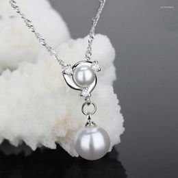 Chains Elegant Fashion 925 Sterling Silver Chain Double Pearls Necklace Cubic Zirconia Crystal Necklaces For Women Girl Wedding Jewelry