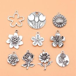 Charms 10pcs Antique Silver Colour Flowers Collection For DIY Jewellery Making 10 Styles 1 Of Each